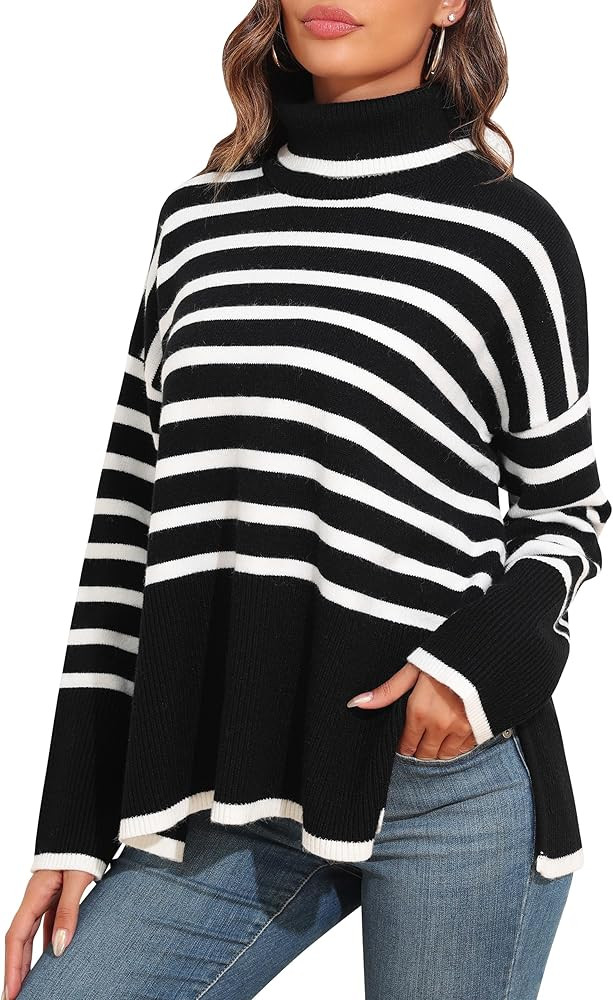 Women's Casual Turtleneck Pullover Sweater Long Sleeve Split Hem Knit Oversized Sweaters Black Iv... | Amazon (US)