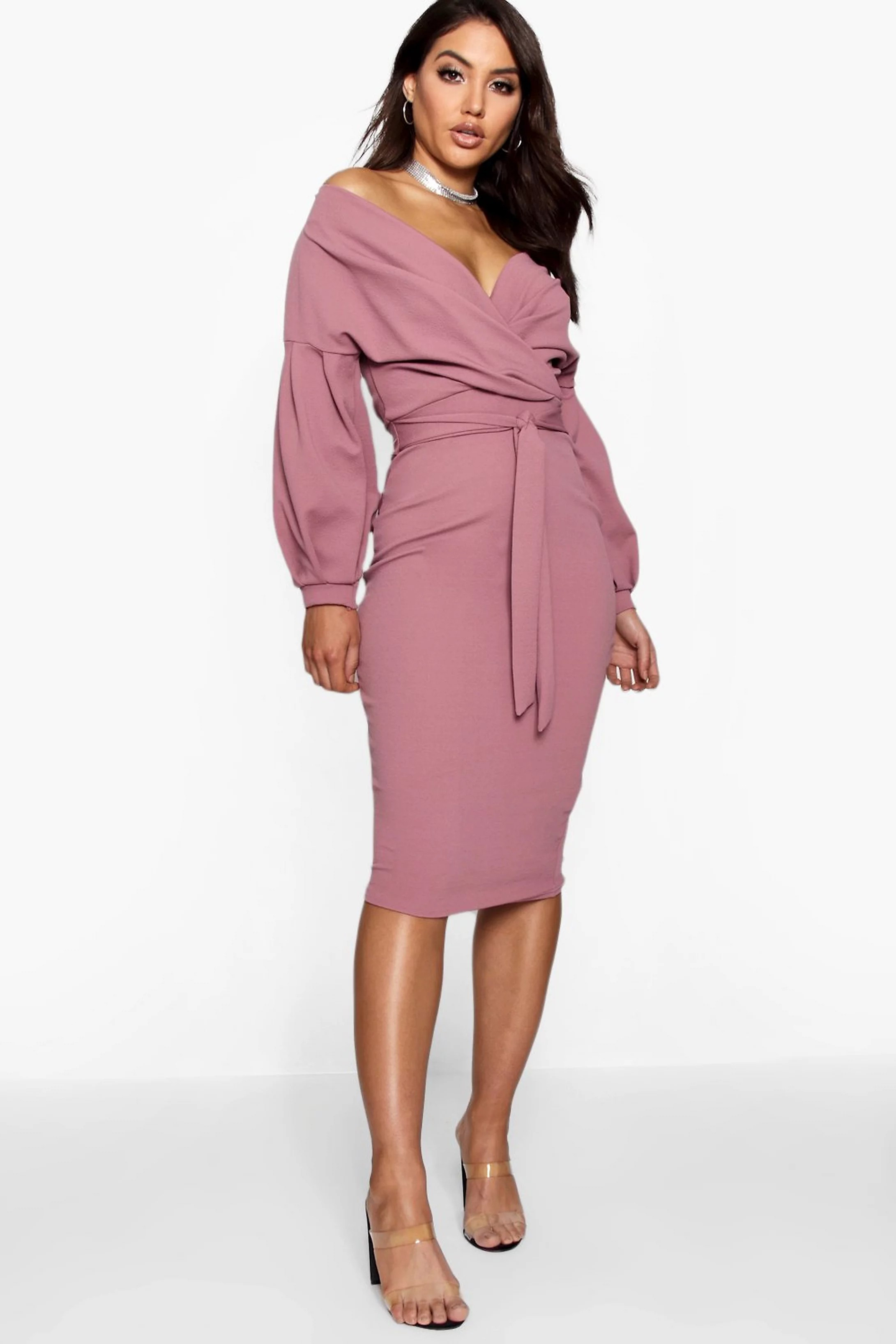 Off the Shoulder Wrap Midi Dress | Boohoo.com (US & CA)
