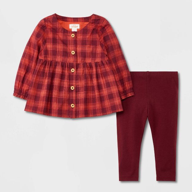 Baby Girls' Plaid Button Tunic Top & Leggings Set - Cat & Jack™ Dark Red | Target