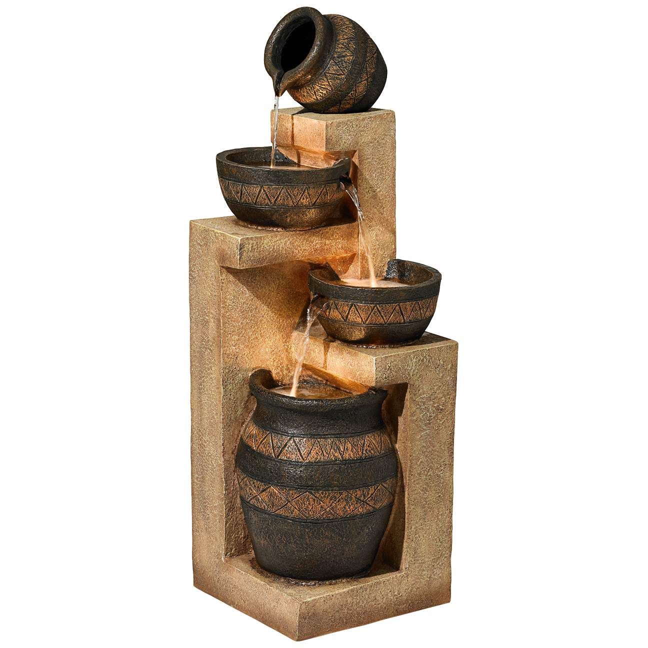 Stoneware Bowl and Jar 46" Indoor-Outdoor Rustic Fountain with Light | Lamps Plus