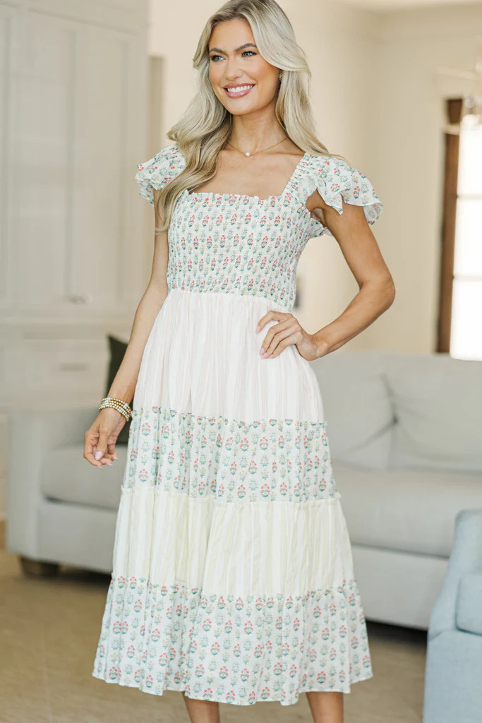 NURSING COLLECTION: You've Got it Yellow Mixed Print Smocked Midi Dress | The Mint Julep Boutique