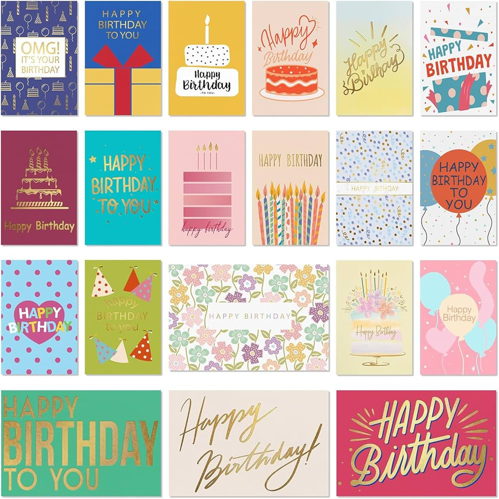 Birthday Cards Pack of 20, Birthday Cards Bulk for Women Men Kids Gold Foil Assorted Happy Birthd... | Amazon (US)