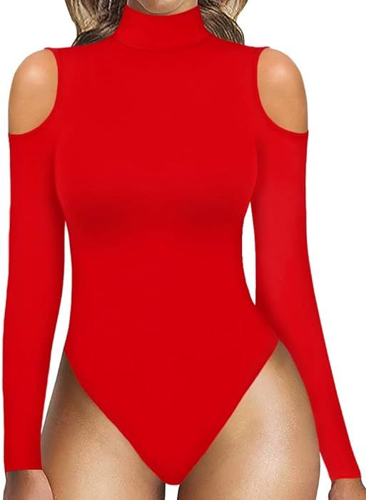 MANGOPOP Womens Mock Turtle Neck Cold Shoulder/Double Lined Long Sleeve Bodysuit Tops Jumpsuit | Amazon (US)