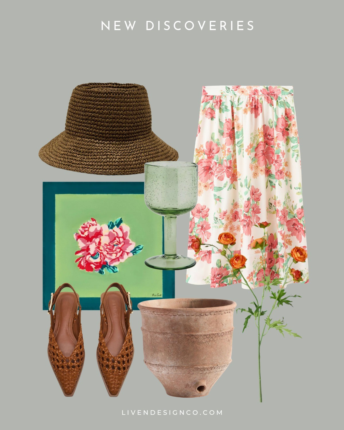 New discoveries. Straw hat. Floral midi skirt. Mango. Floral napkins. Green glassware. Woven flats. Terracotta planter pot. Faux floral stems

#LTKSeasonal #LTKSaleAlert #LTKHome