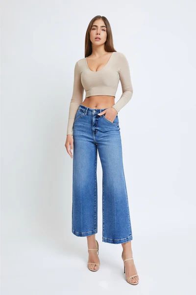 [NORI] DARK WASH CLEAN CROPPED WIDELEG TROUSER | Hidden Jeans