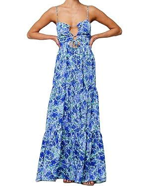 Summer Floral Sundress for Women Spaghetti Straps Hollow Out Tie Front Maxi Dress Flowy Smocked B... | Amazon (US)
