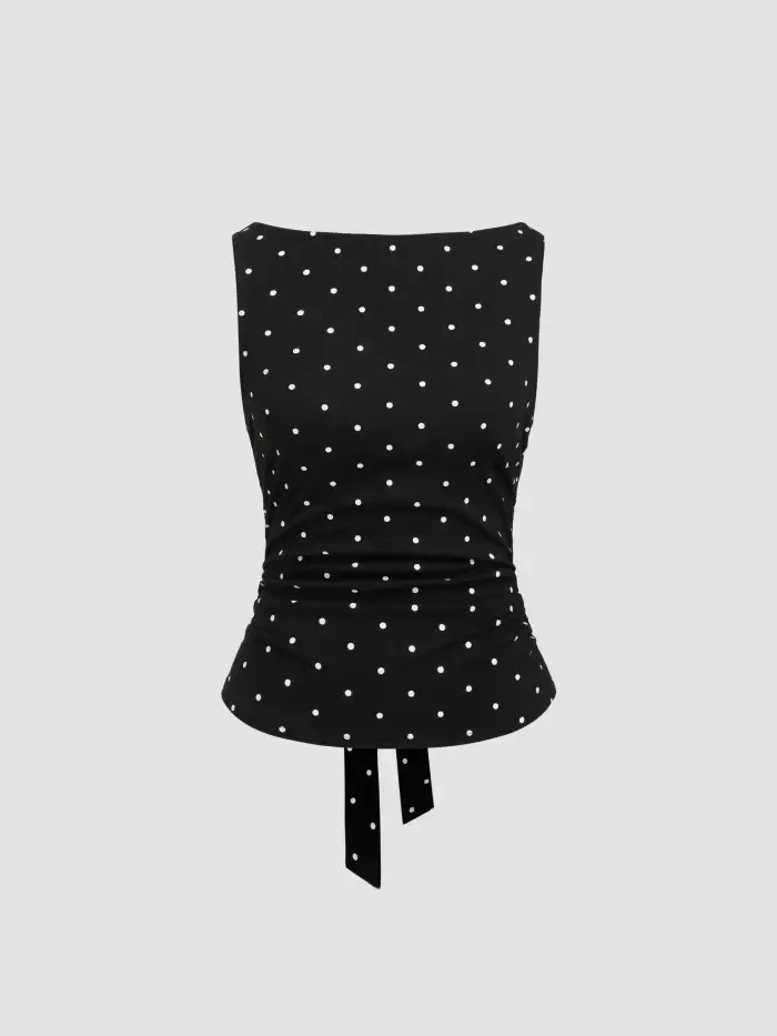 COTTON-BLEND BOAT NECK KNOTTED POLKA DOT RUCHED TANK TOP | Cider