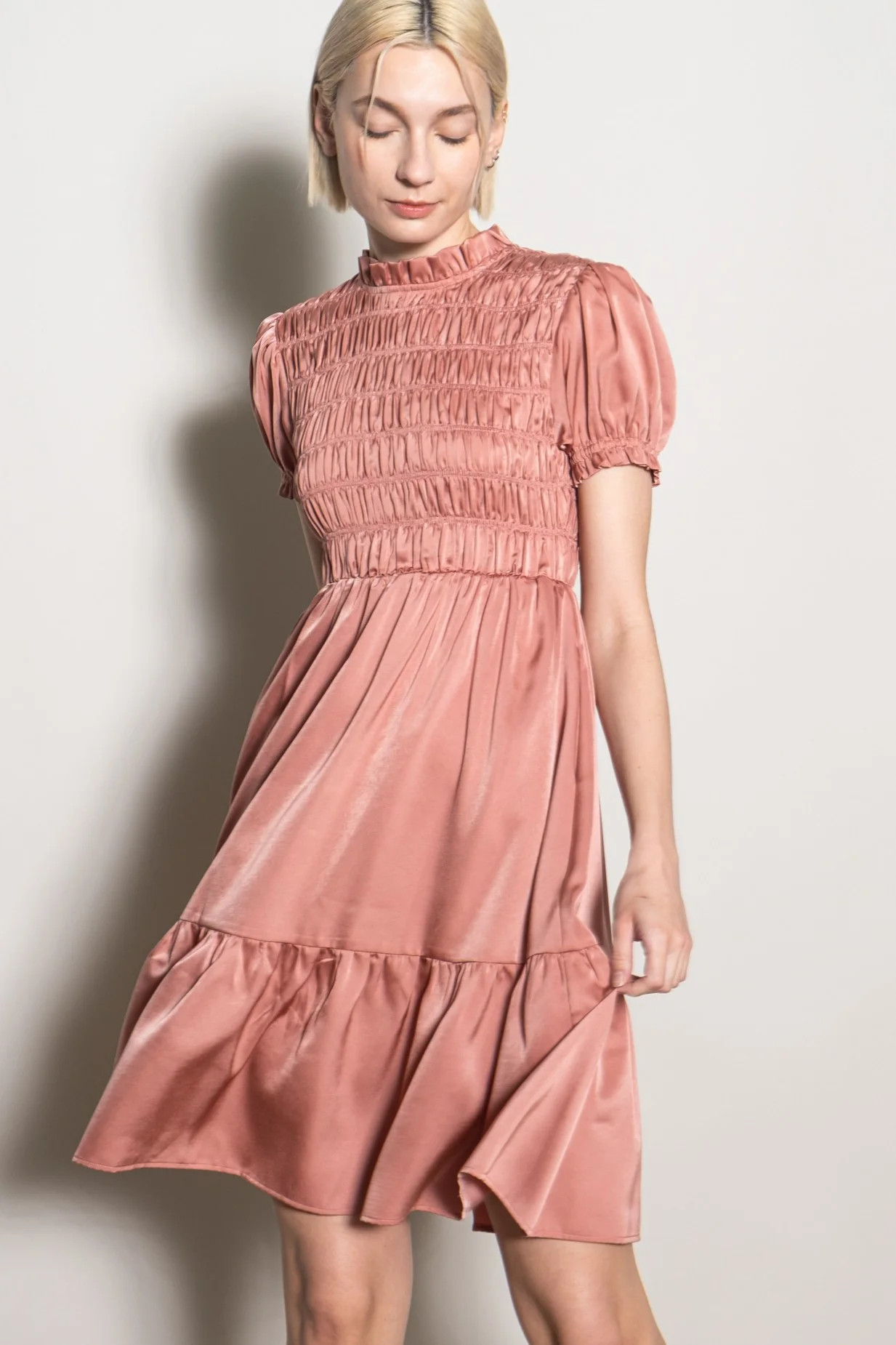 Mauve Satin Smocked Mock Neck Dress | PinkBlush Maternity