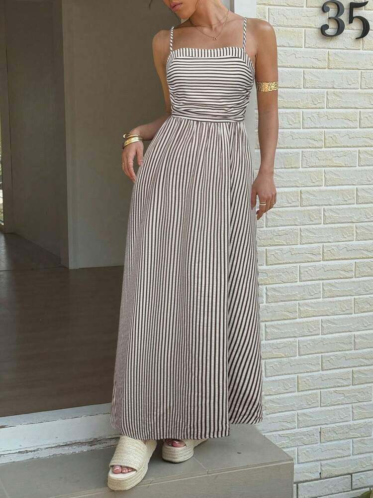 Pariaura Women's Summer Casual Pleated Striped Spaghetti Strap Dress Maxi Dress Striped Dress Long Dress Summer Striped Maxi Dress Striped Sundress Long Sundress | SHEIN