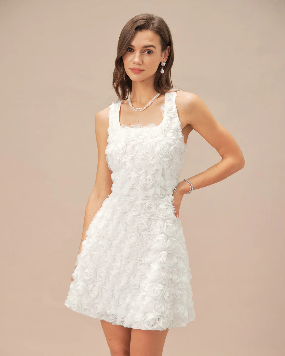White Square Neck Floral A-Line Mini Dress | rihoas.com