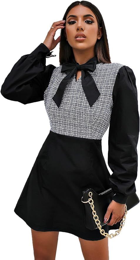 Floerns Women's Plaid Print Tie Neck Puff Long Sleeve Tweed A Line Short Dress | Amazon (US)