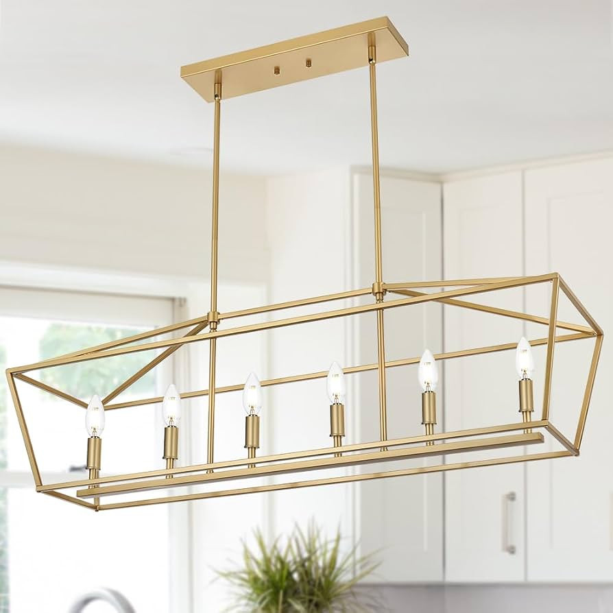 6-Light Kitchen Island Lighting, Gold Linear Chandelier Dining Room Over Table, Rectangle Pendant... | Amazon (US)