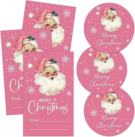 Pink Christmas Gift Tags Stickers, 20 Round & 20 Rectangle Self-Adhesive Holiday Stickers with Sn... | Amazon (US)