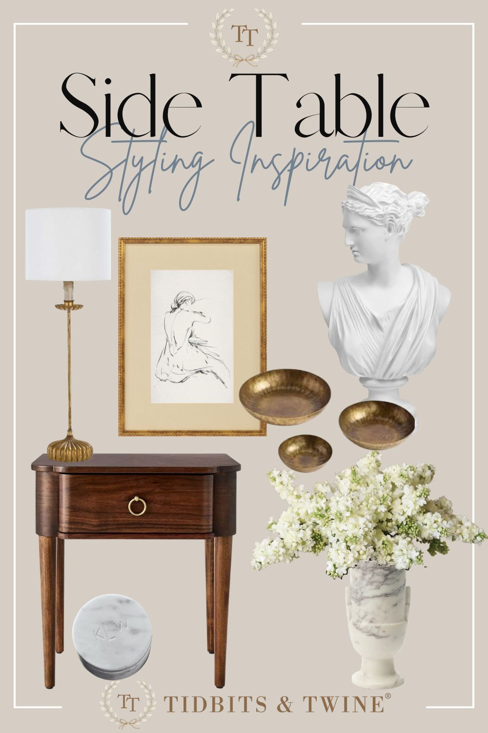 Beautiful decor for your side table display #brasscatchall #brasslamp #fakeflowers #marblevase #framedart 

 #LTKSeasonal #LTKOver40 #LTKHome