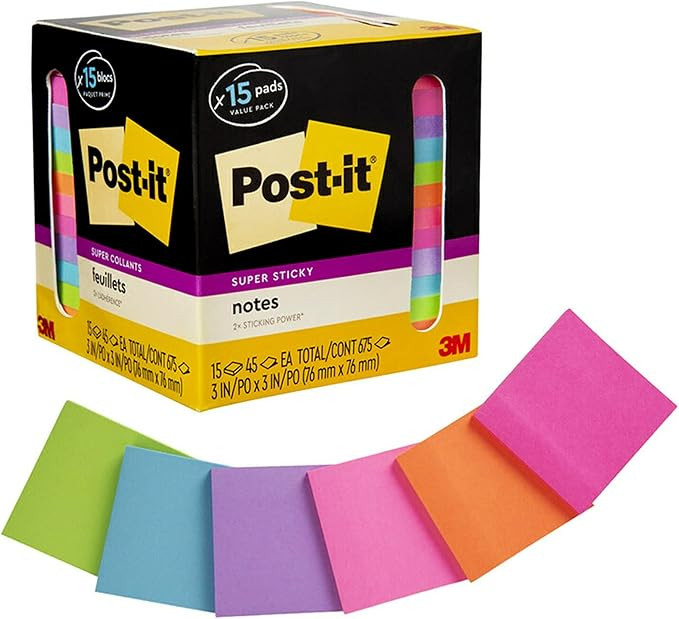 Post-it Super Sticky Notes, Assorted Bright Colors, 3x3 in, 15 Pads/Pack, 45 Sheets/Pad, 2x the S... | Amazon (US)
