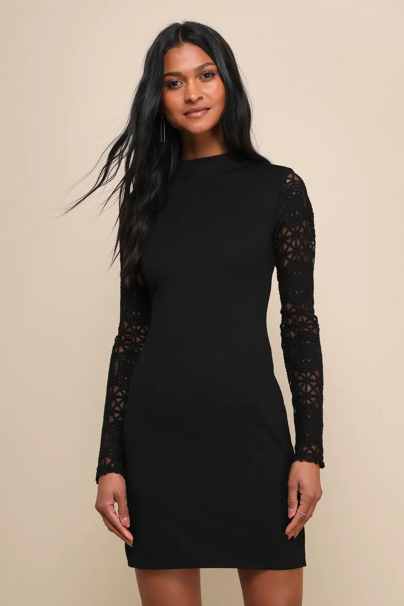 Lace Up Your Sleeve Black Lace Long Sleeve Bodycon Dress | Lulus