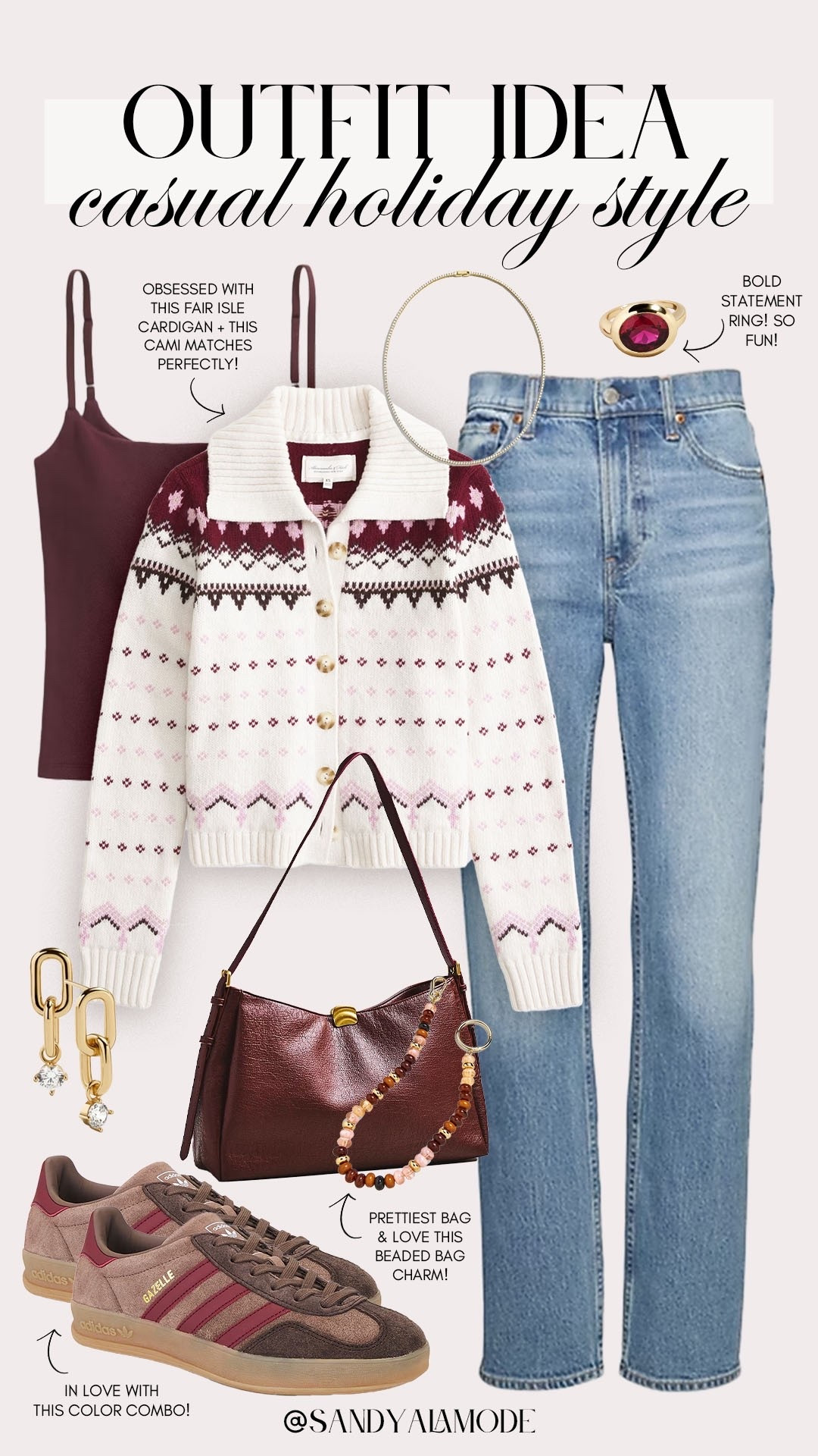 Causal holiday style. Fair isle sweater. Burgundy fair isle sweater. Burgundy holiday outfit idea. Casual holiday outfit idea  

#LTKSeasonal #LTKFindsUnder100 #LTKHoliday