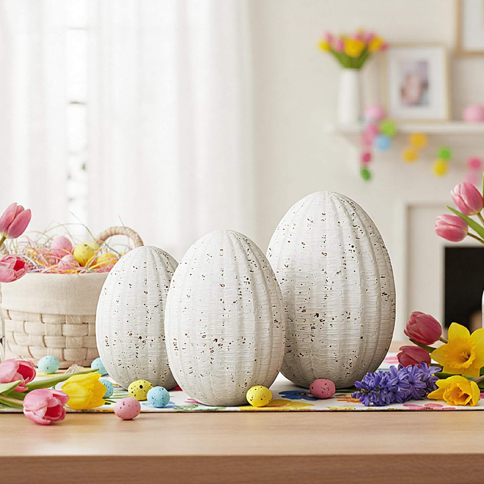 Jenaai 3 Pcs White Resin Easter Egg Decor Set - Travertine Textured Sculptures, Farmhouse Neutral... | Amazon (US)