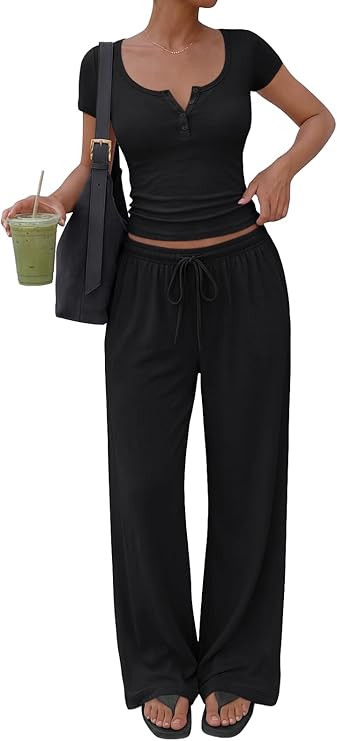 Trendy Queen Women's 2 Piece Matching Lounge Sets Summer Henley Neck Slightly Crop Top Wide Leg P... | Amazon (US)