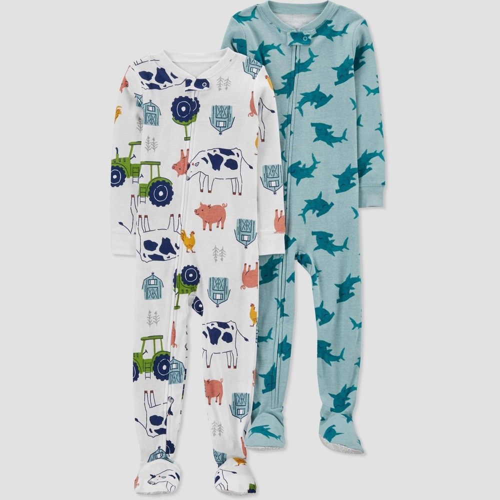 Toddler Boys' 2pk Farm/Sharks Footed Pajama - Just One You made by carter's 2T, Blue/Blue/White | Target
