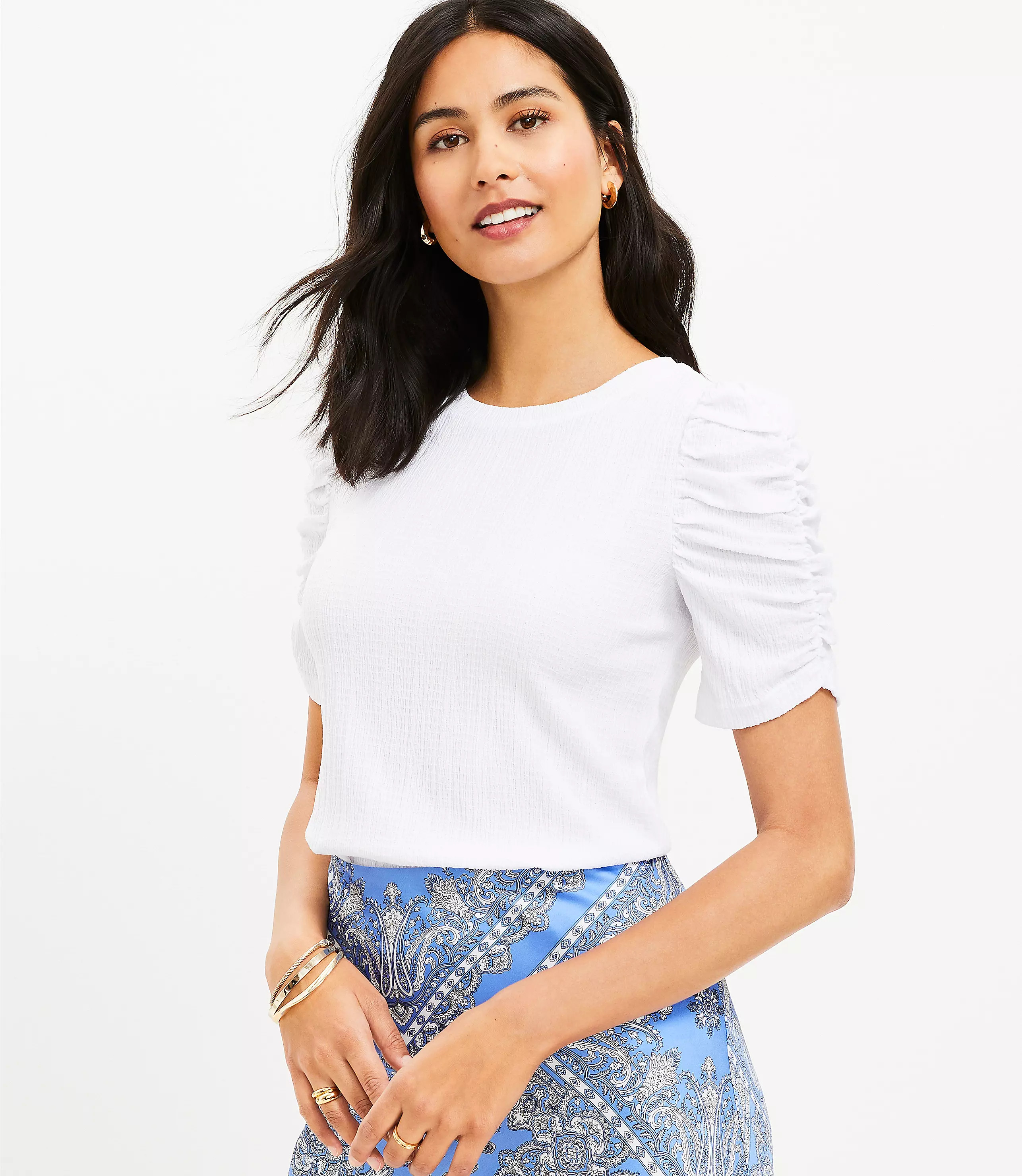 Jacquard Cinched Sleeve Top | LOFT