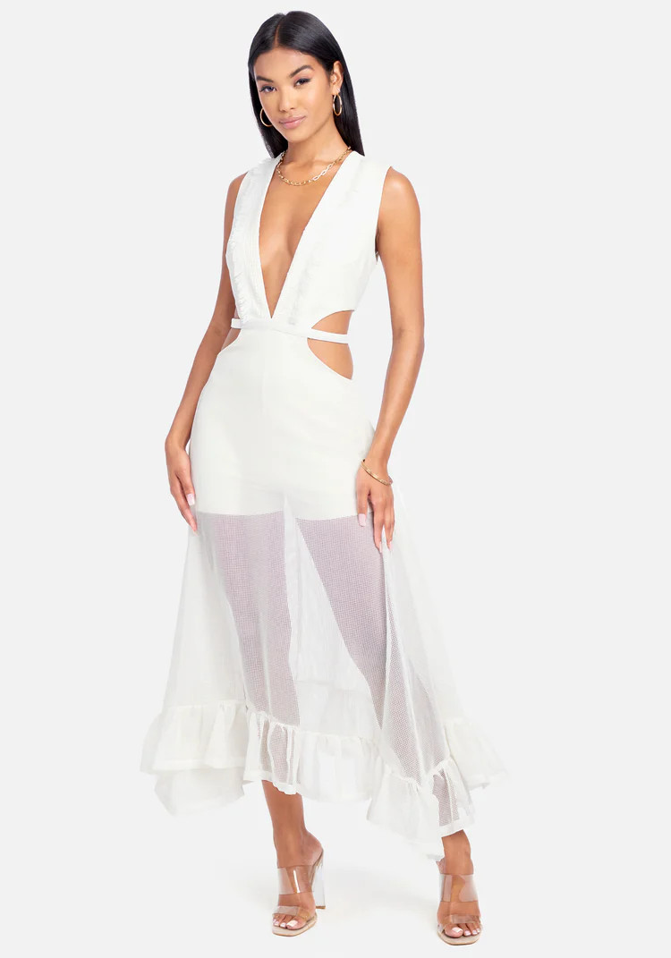 Fringe Mesh Plunge Maxi Gown | Bebe