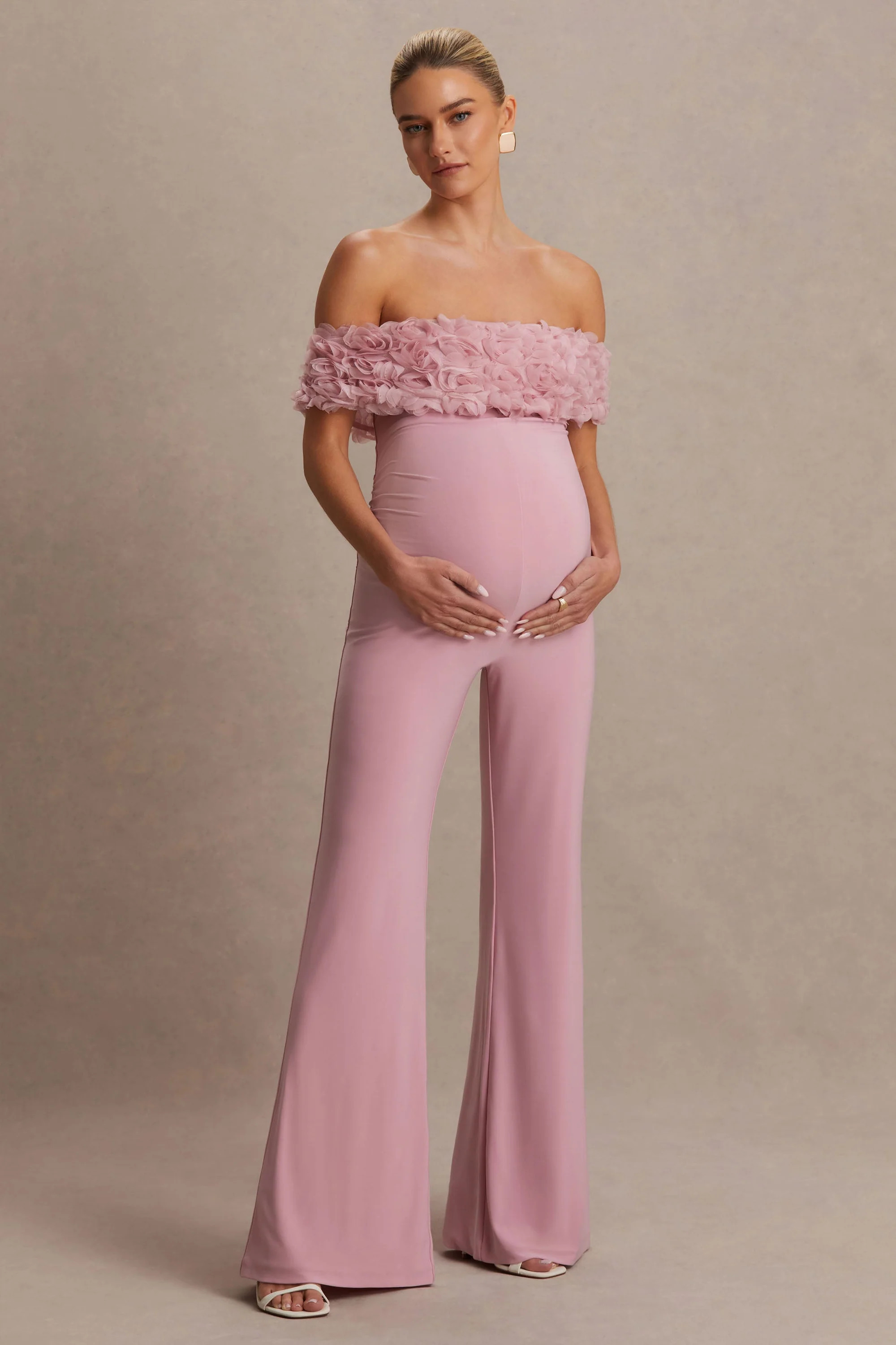 Sallow  Pink Floral Bardot Maternity Jumpsuit | Club L London