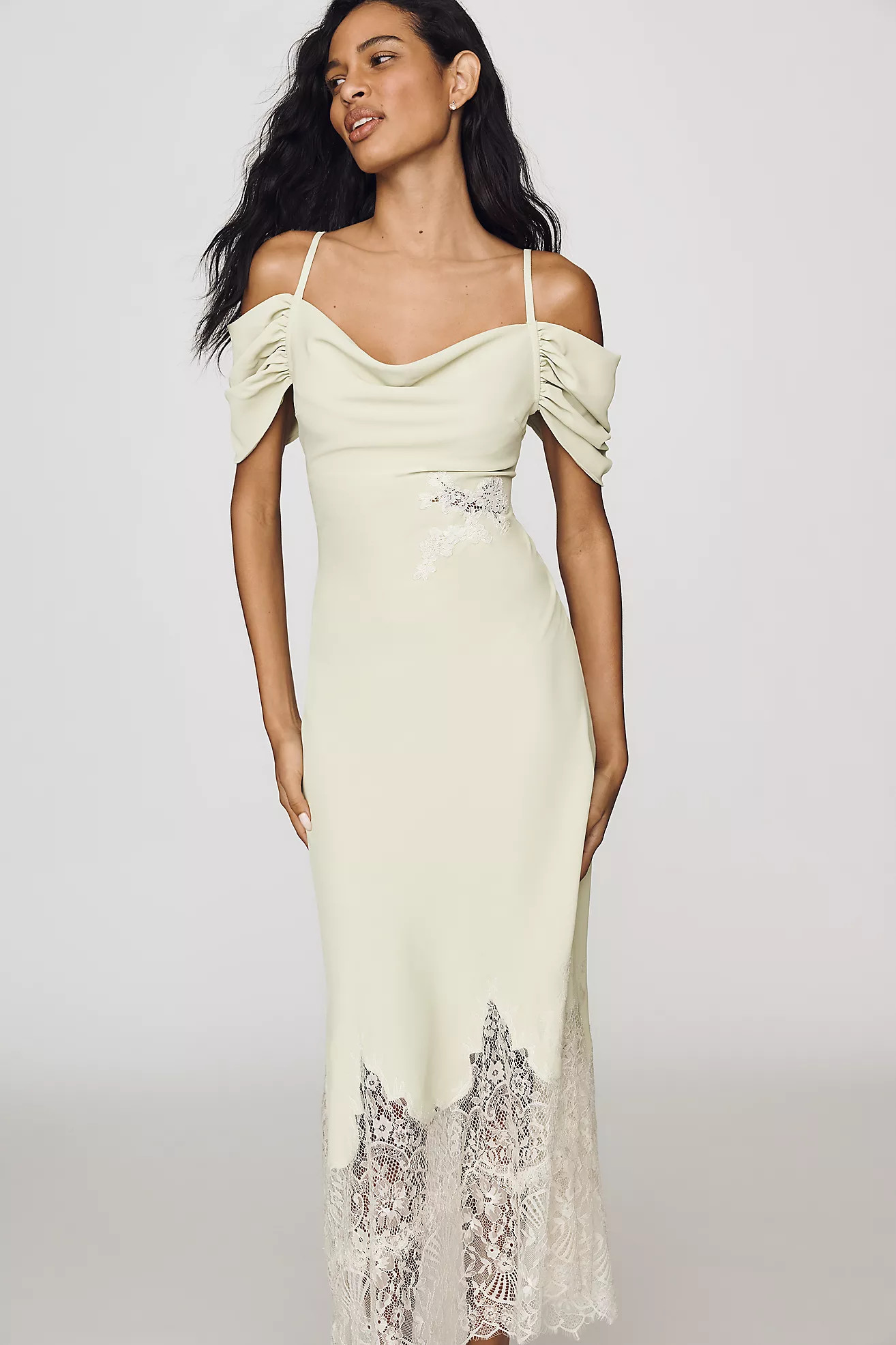 Bl-nk Satin Off-Shoulder Lace Midi Dress | Anthropologie (US)