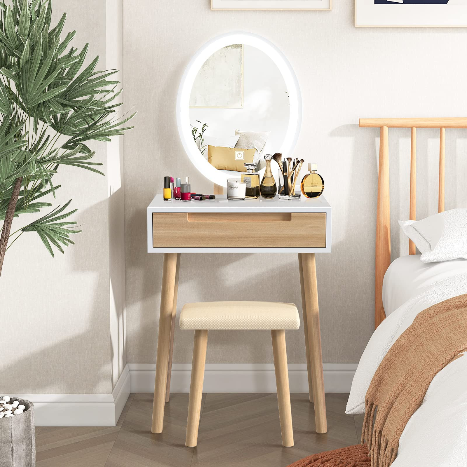YOURLITE Makeup Vanity Table Set with 3 Modes Adjustable Lighted Mirror Cushioned Stool, Dressing... | Amazon (US)