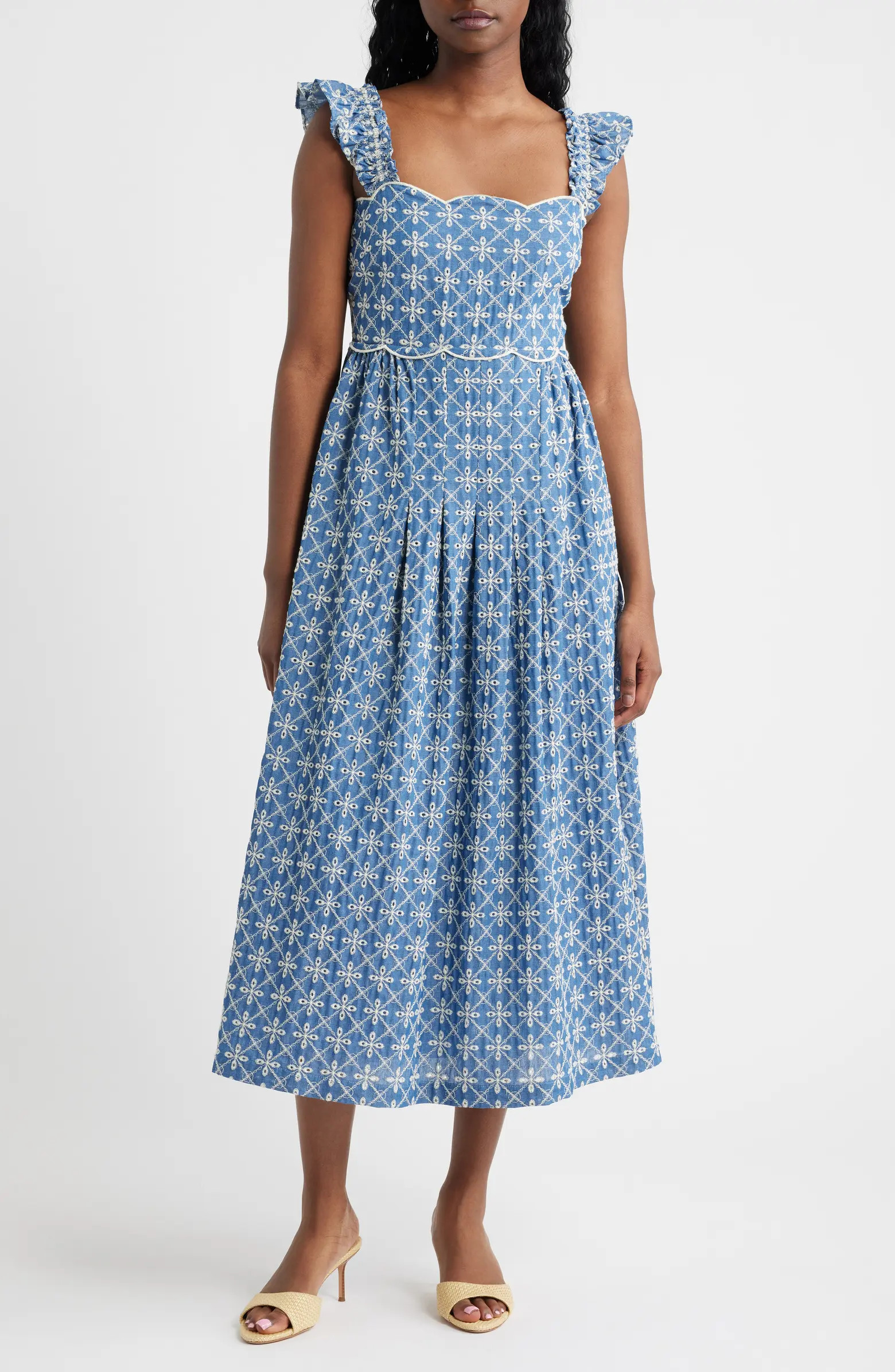 Embroidered Flutter Sleeve Cotton Blend Midi Dress | Nordstrom