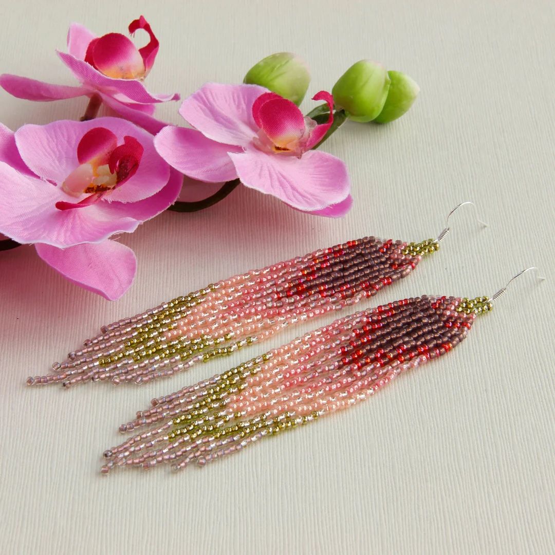 Dusty Pink Bead Fringe Earrings, Long Seed Bead Earrings, Beaded Dangle Native Beadwork - Etsy | Etsy (US)
