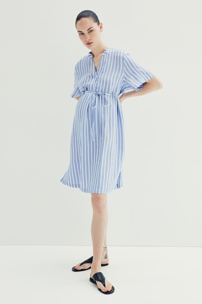 MAMA Linen-blend Tunic Dress - V-neck - Short sleeve - Blue/striped - Ladies | H&M US | H&M (US + CA)