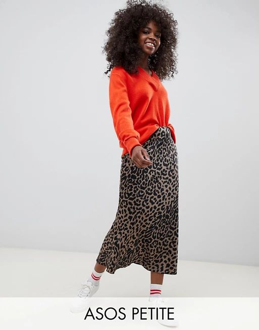 ASOS DESIGN Petite bias cut satin midi skirt in leopard print | ASOS US