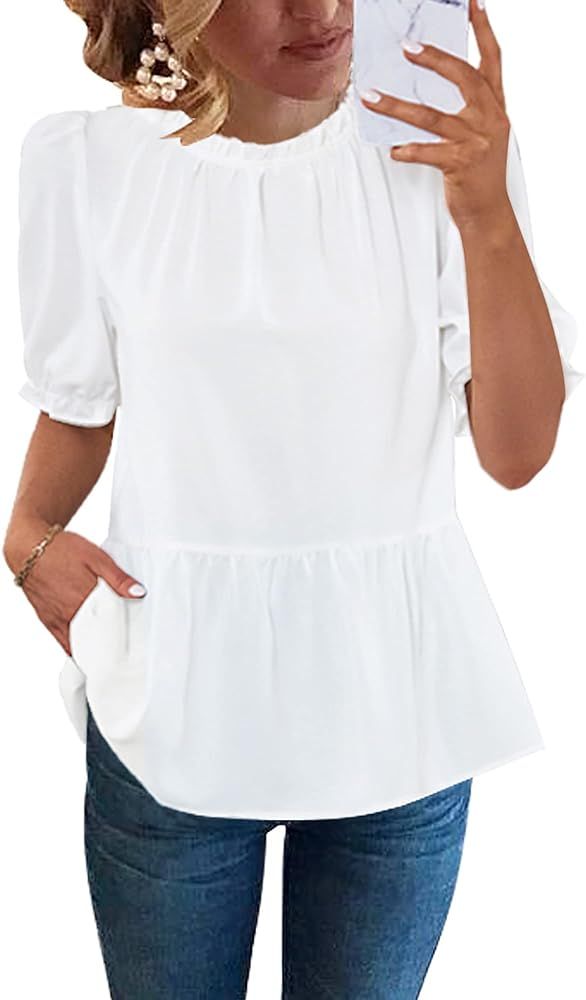 LookbookStore 2023 Blouses for Women Dressy Casual Peplum Tops Puff Sleeve Ruffle Mock Neck Dress... | Amazon (US)