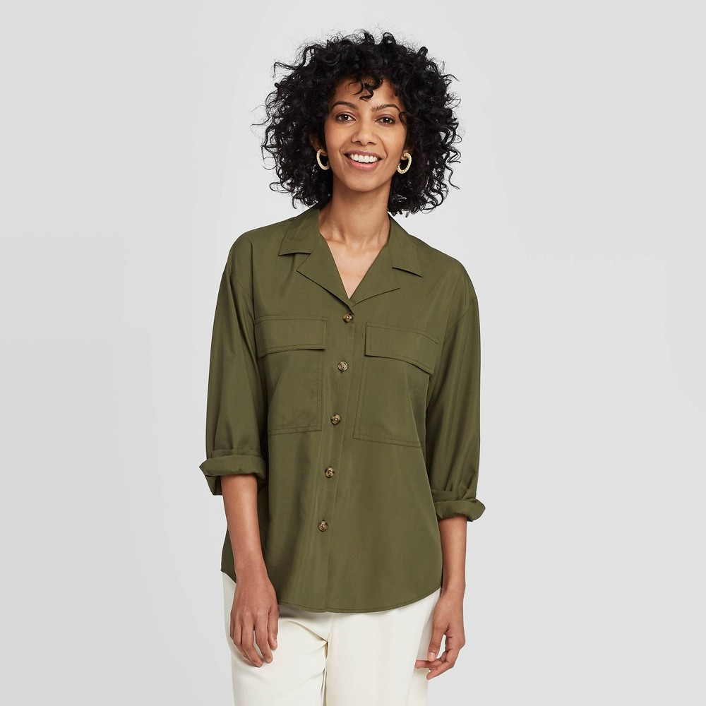 Women's Long Sleeve Button-Down Utility Top - A New Day Green XL, Women's | Target