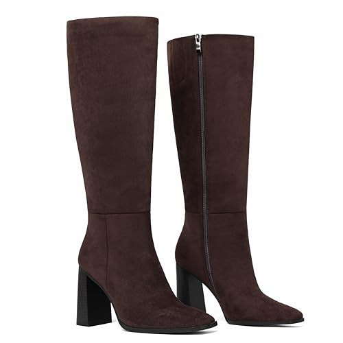 Celbreez Brown Knee High Boots Suede Boots for Women Square Toe Wide Calf Boots for Women 3.5 inches Chunky High Heel Side Zipper Tall Long Boots 2025 Fall Winter Shoes | Amazon (US)