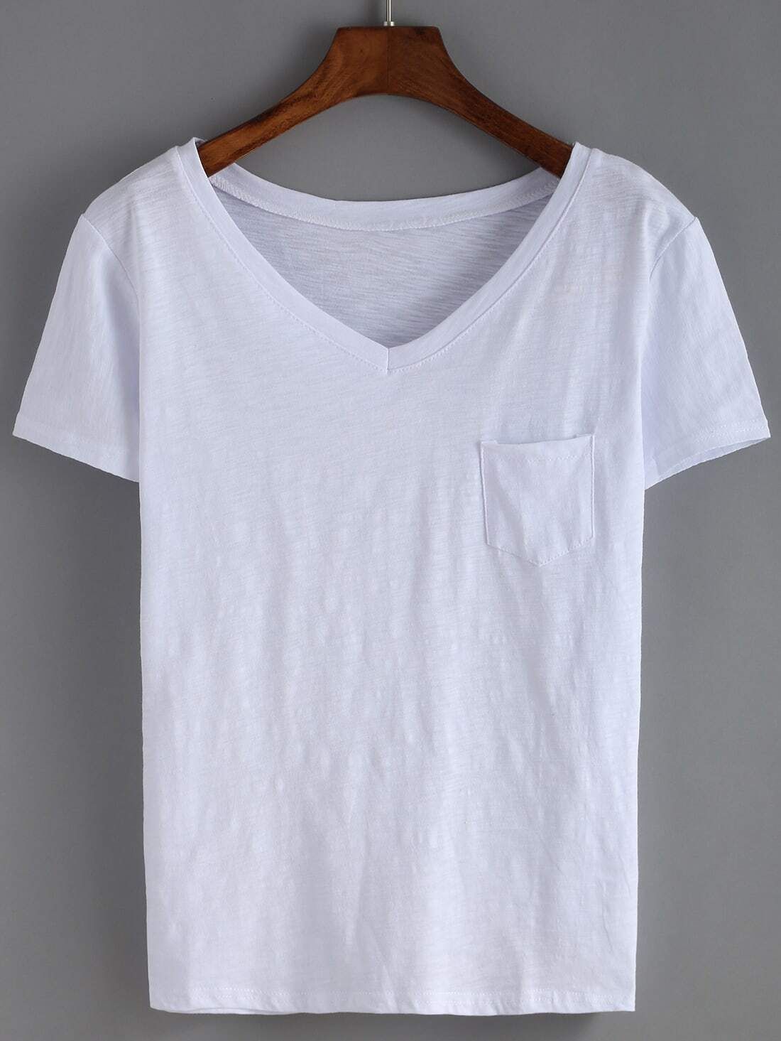 White V Neck Pocket T-Shirt | Romwe