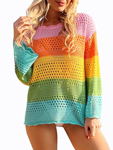 Bellelily Womens Crochet Swimsuit Coverup 2025 Summer Hollow Out Beach Bikini Bathing Suit Cover Up Tunic Top Vacation Shirts | Amazon (US)
