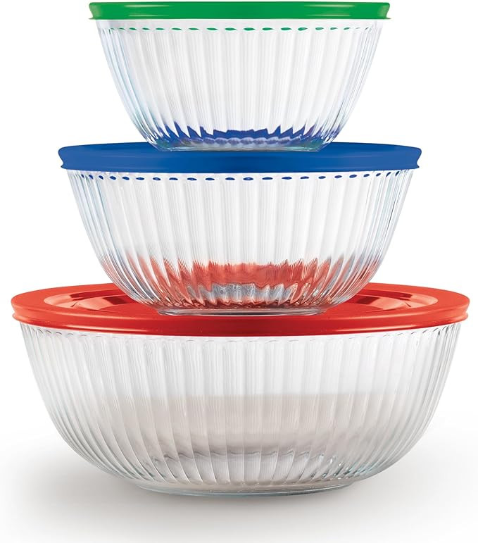 Pyrex Sculpted 3-Pack Glass Mixing Bowls (1.3 QT, 2.3 QT, 4.5 QT) with BPA-Free Lids, Prepping an... | Amazon (US)