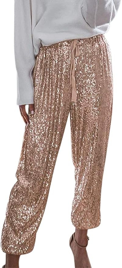 ALLUMK Womens Black Sequin Bling Legging Joggers Pencil Pants with Drawstring | Amazon (US)