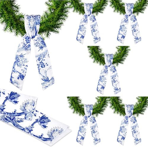 XunYee 6 Pcs Wreath Sash for Front Door Blue and White Wreath Sash for Embroidery Monogram Garland Decor Accessories Wedding 4th of July Party Yard Indoor Outdoor Wall Cabinet Kitchen(Chinoiserie) | Amazon (US)