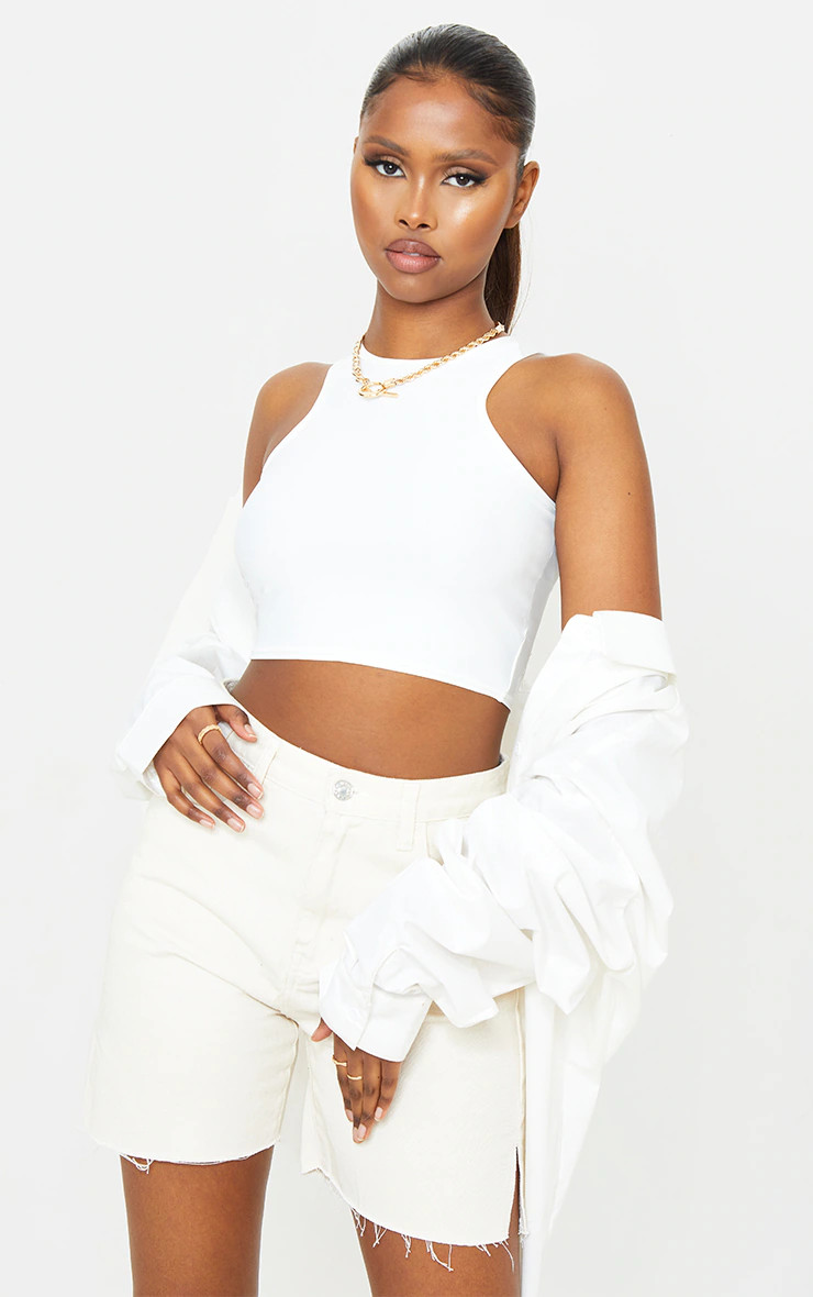 White Stretch Slinky Racer Crop Top | PrettyLittleThing UK