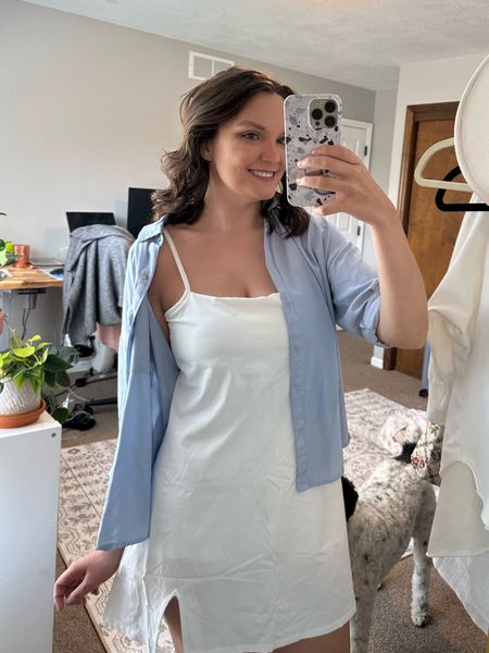 Adorable spring outfit idea: white active dress with blue button down over 

#LTKFind #LTKtravel #LTKunder100