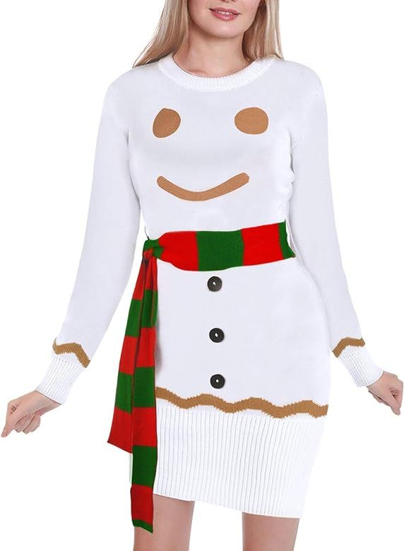 Women's Christmas Ugly Sweater Dress, Gingerbread Snowman Sweater with Scarf Holiday Party Sweate... | Amazon (US)