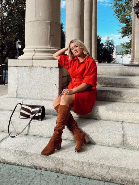 This red corduroy dress was made for fall. It’s bright and exciting for a weekend outfit but conservative enough for a work outfit! Paired it with my thigh high boots— on sale at Macy’s now!

#LTKstyletip #LTKunder100 #LTKsalealert
