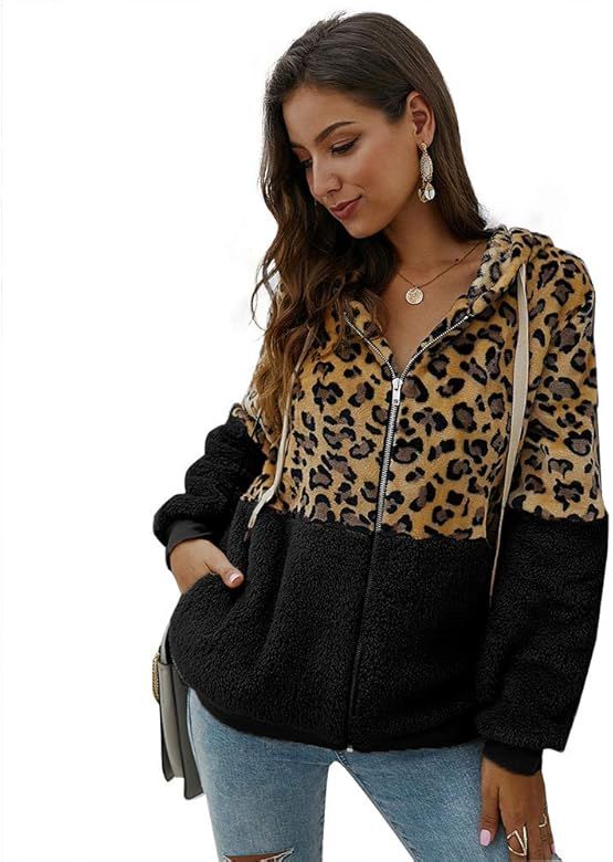 Womens Fuzzy Jacket Zip Up Leopard Patchwork Coat Winter Hoodie Warm Cofy Soft Faux Fur Coat with... | Amazon (US)