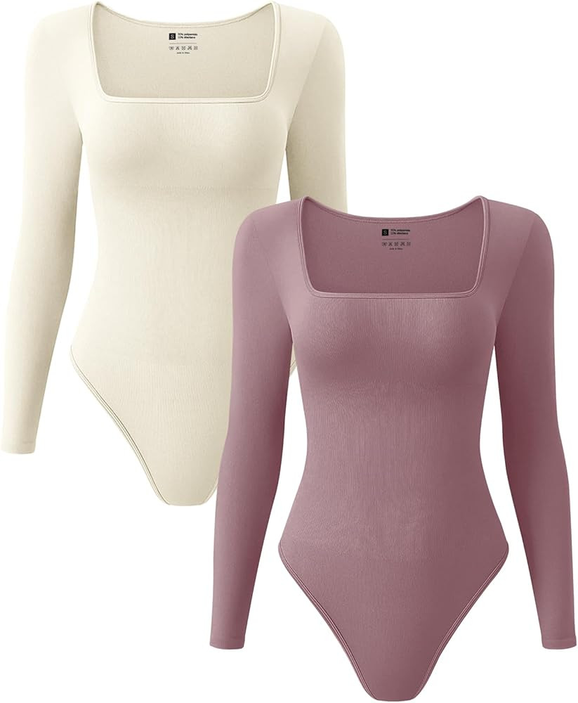 Long Sleeve Shapewear Bodysuits for Women Square Neck Ribbed Seamless Tummy Control Body Shaper T... | Amazon (US)