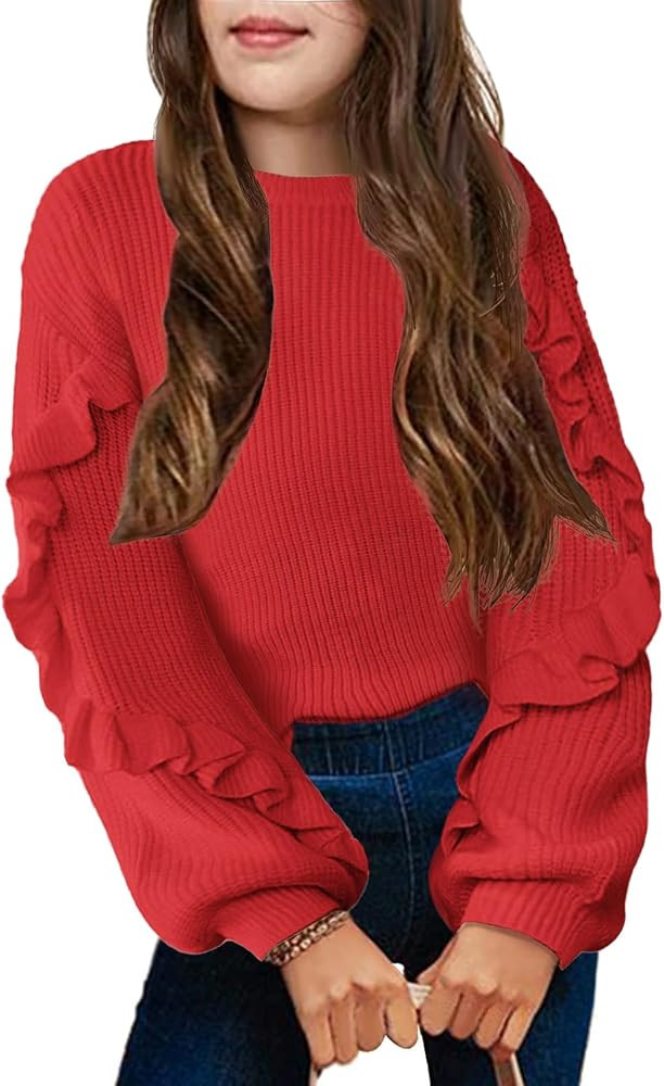 Arshiner Girls Long Lantern Sleeve Sweaters Crew Neck Knit Pullover Jumper Top | Amazon (US)