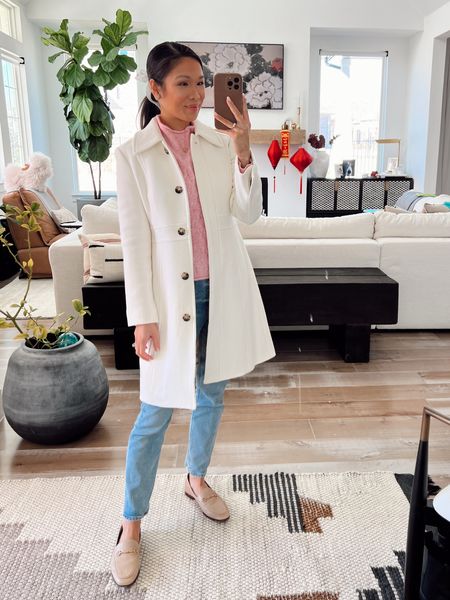 Winter outfit with my favorite jeans that I recommend sizing down in, roll neck pink cashmere sweater in size XS that is 33% off paired with my go to coat in size petite 0 that is on sale for 45% off! I love this coat because it’s very feminine and can be dressed up for workwear or dressed more casual. Super warm and chic 

#LTKstyletip #LTKsalealert #LTKSeasonal