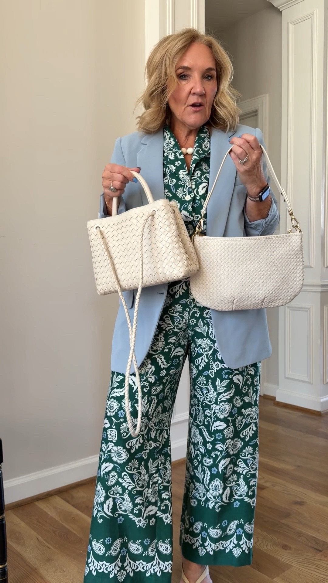 Two great bags for spring and summer. 
Medium petite in top and pants 
Size 6 in blazer 
Sandals tts 

#LTKPetite #LTKOver40 #LTKWorkwear